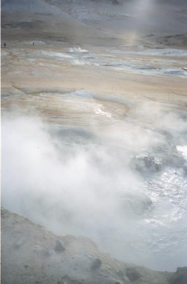 A close-up view of a mud pool with other parts of the landscape visible in the distance