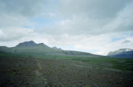 View upwards over Skaftafell with glaciers in the distance